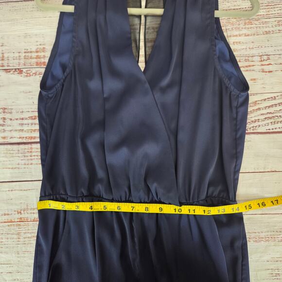 Aryn K Pack a Plunge Jumpsuit M Navy Ink Blue Silky Sheer Back Surplice Bodice - Picture 14 of 16
